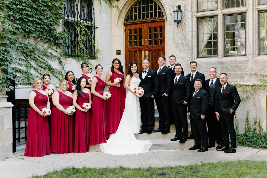 Bridal party in front of a beautiful church in Chicago