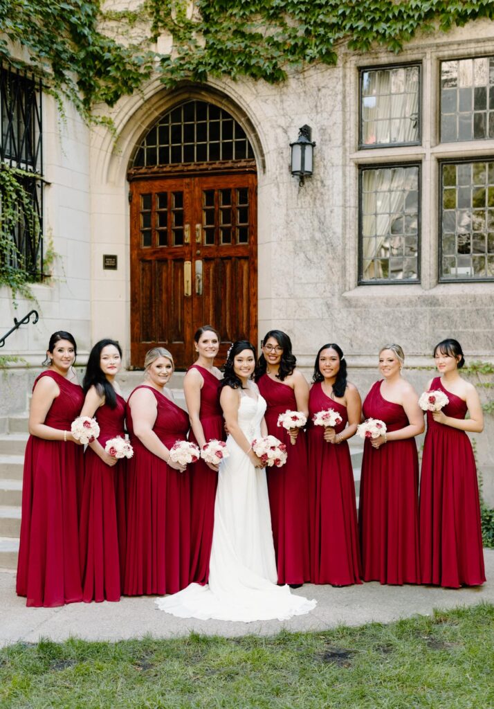 Bride and Bridesmaids in front of a beautiful church in Chicago