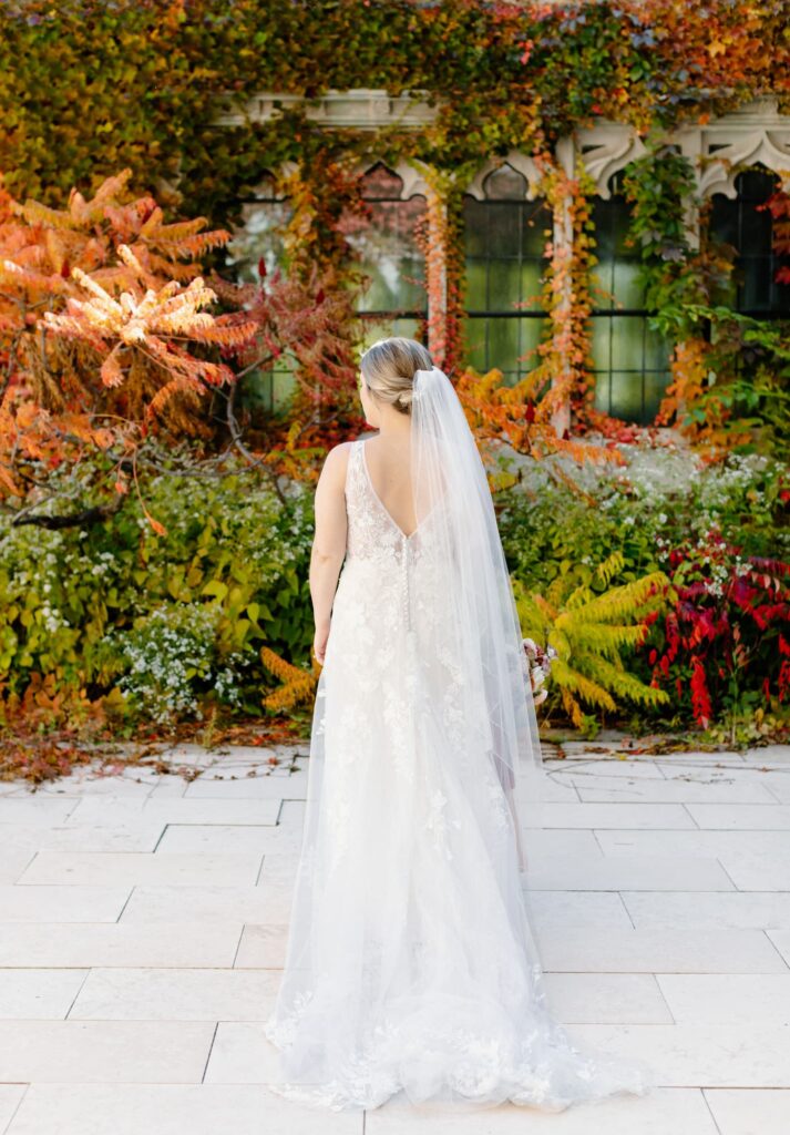 Full length view of the back of the brides dress