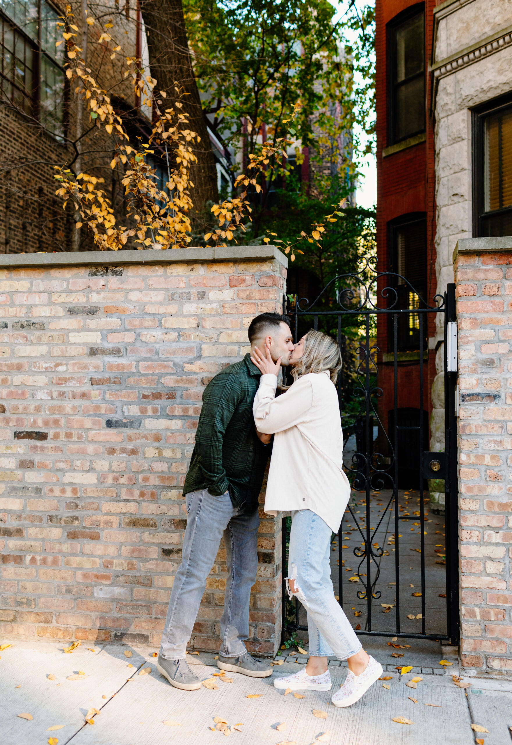 A couple during in Old town Chicago during their Engagement session in Chicago