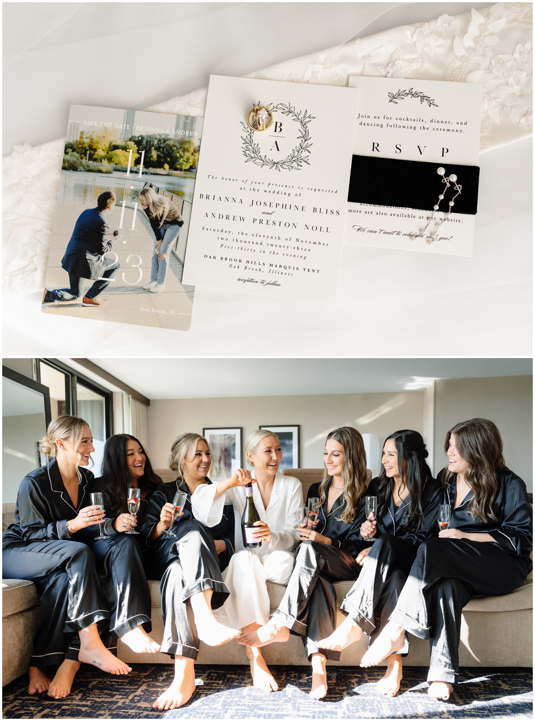 A bride sits on a couch opening a bottle of champagne with her bridesmaids all in pajamas