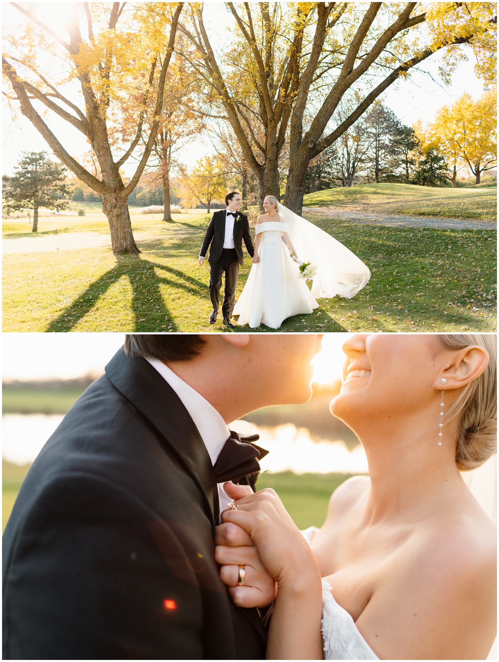 A bride and groom hold hands and walk under tall fall trees at sunset