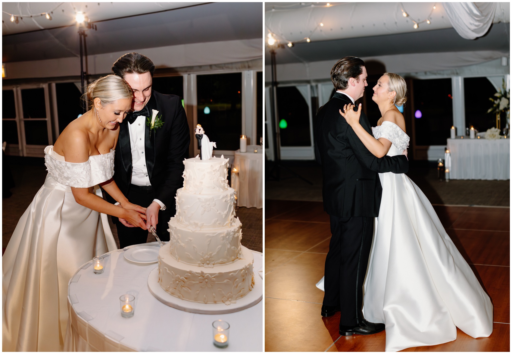 Newlyweds cut the cake and share their first dance at their Hyatt Lodge Oak Brook Wedding reception