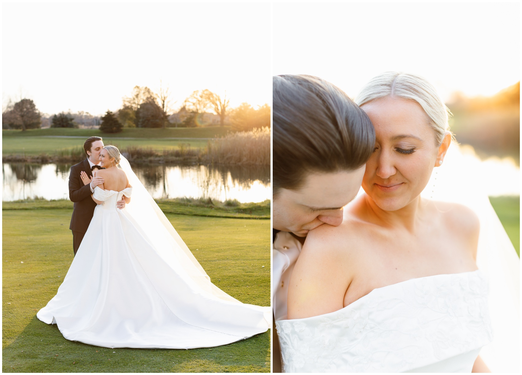 A groom kisses his bride on the cheek and shoulder while standing on a golf green at sunset