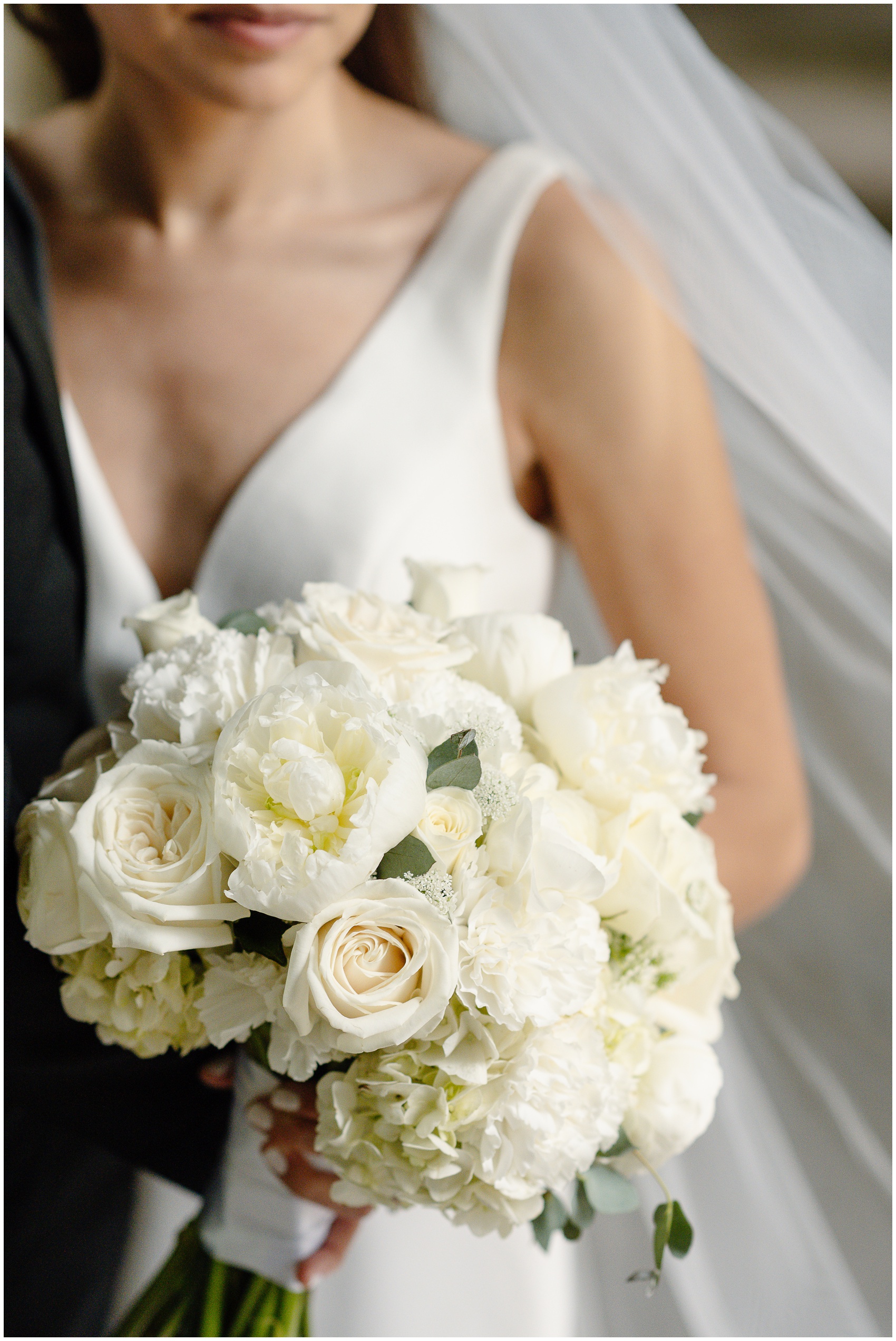 Details of a bride's white rose bouquet