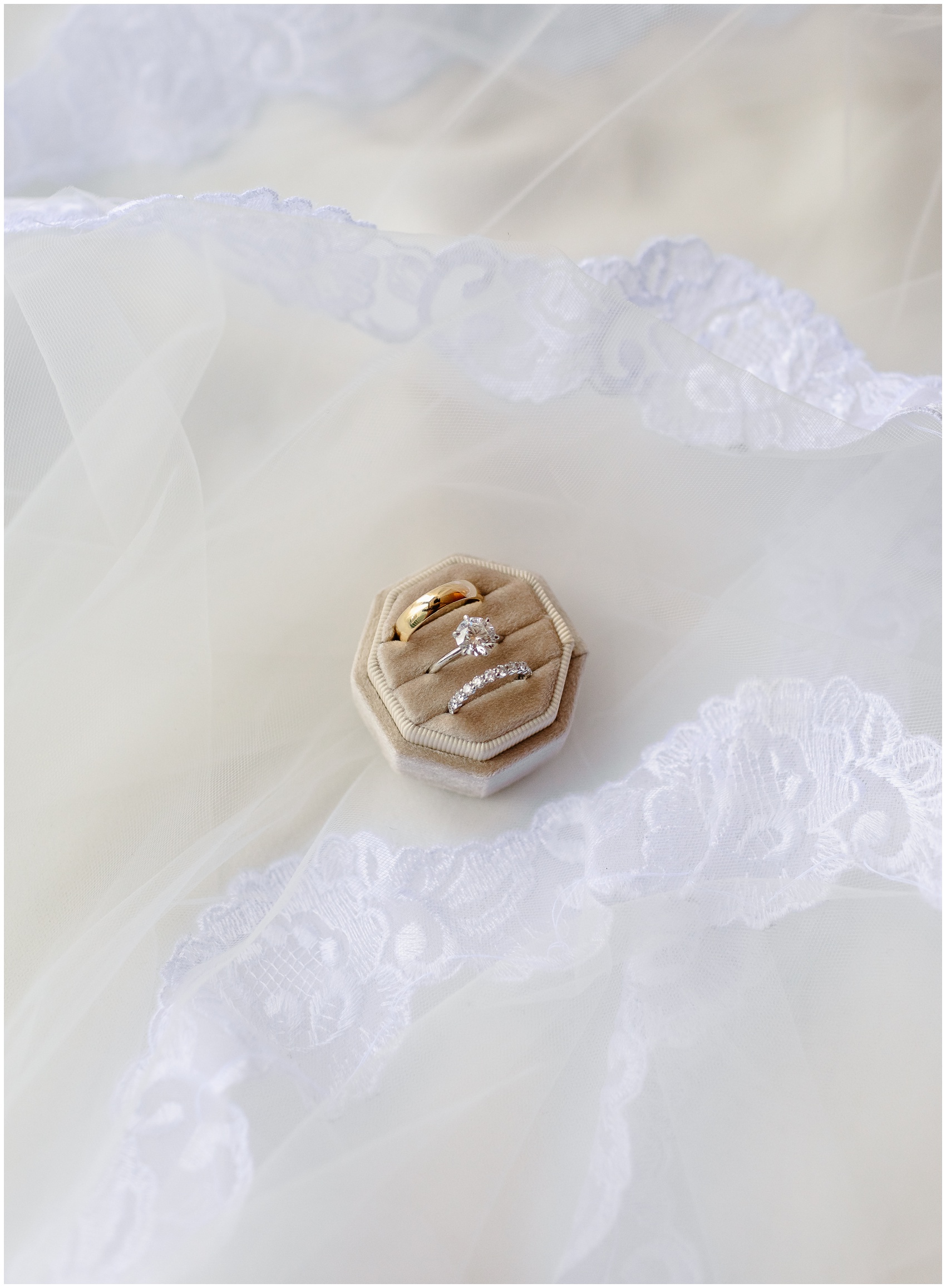 Details of wedding rings in a ring box on a veil