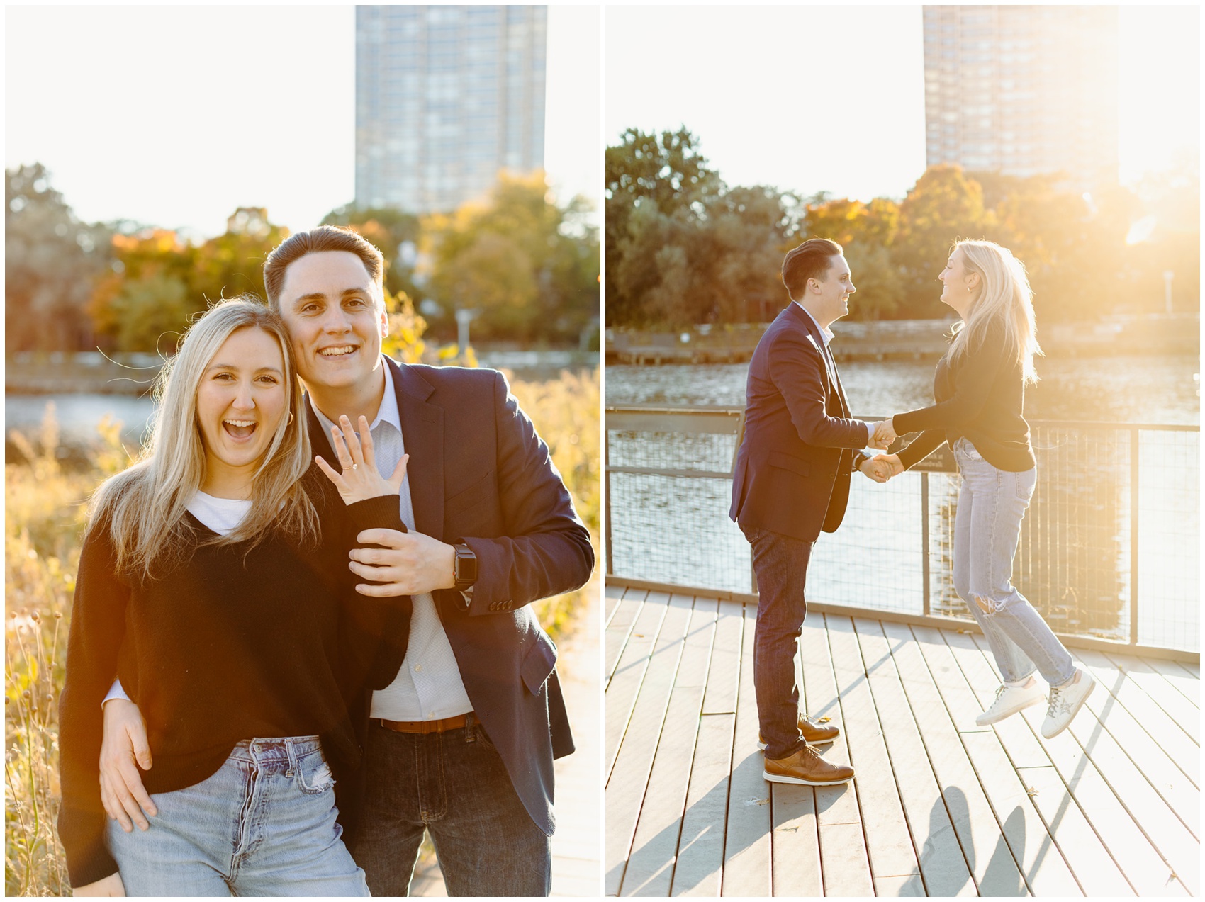 A couple jumps for joy and shows off the ring while becoming engaged on a dock on a lake