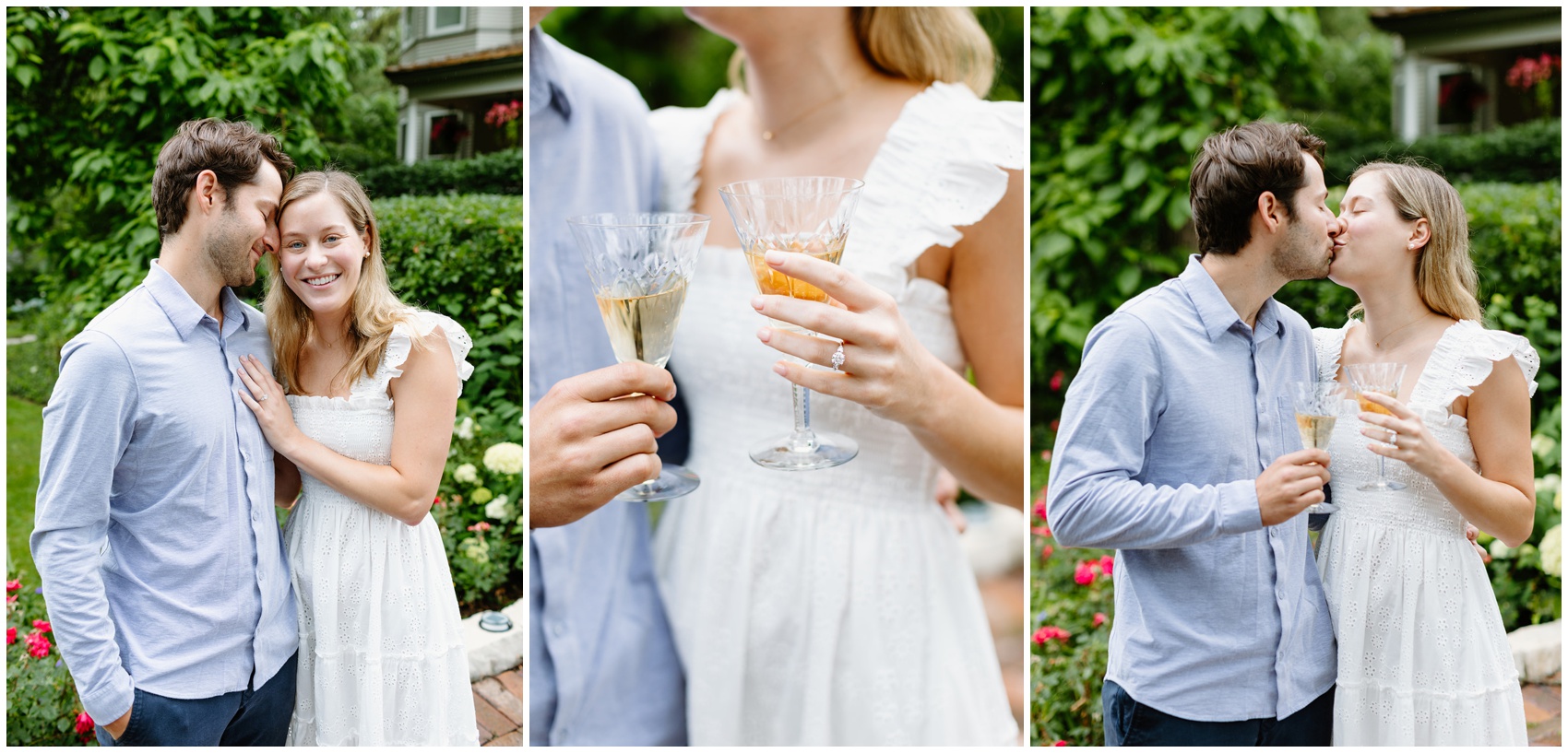 A happy couple stands in a garden in 3 pictures toasting champagne and kissing