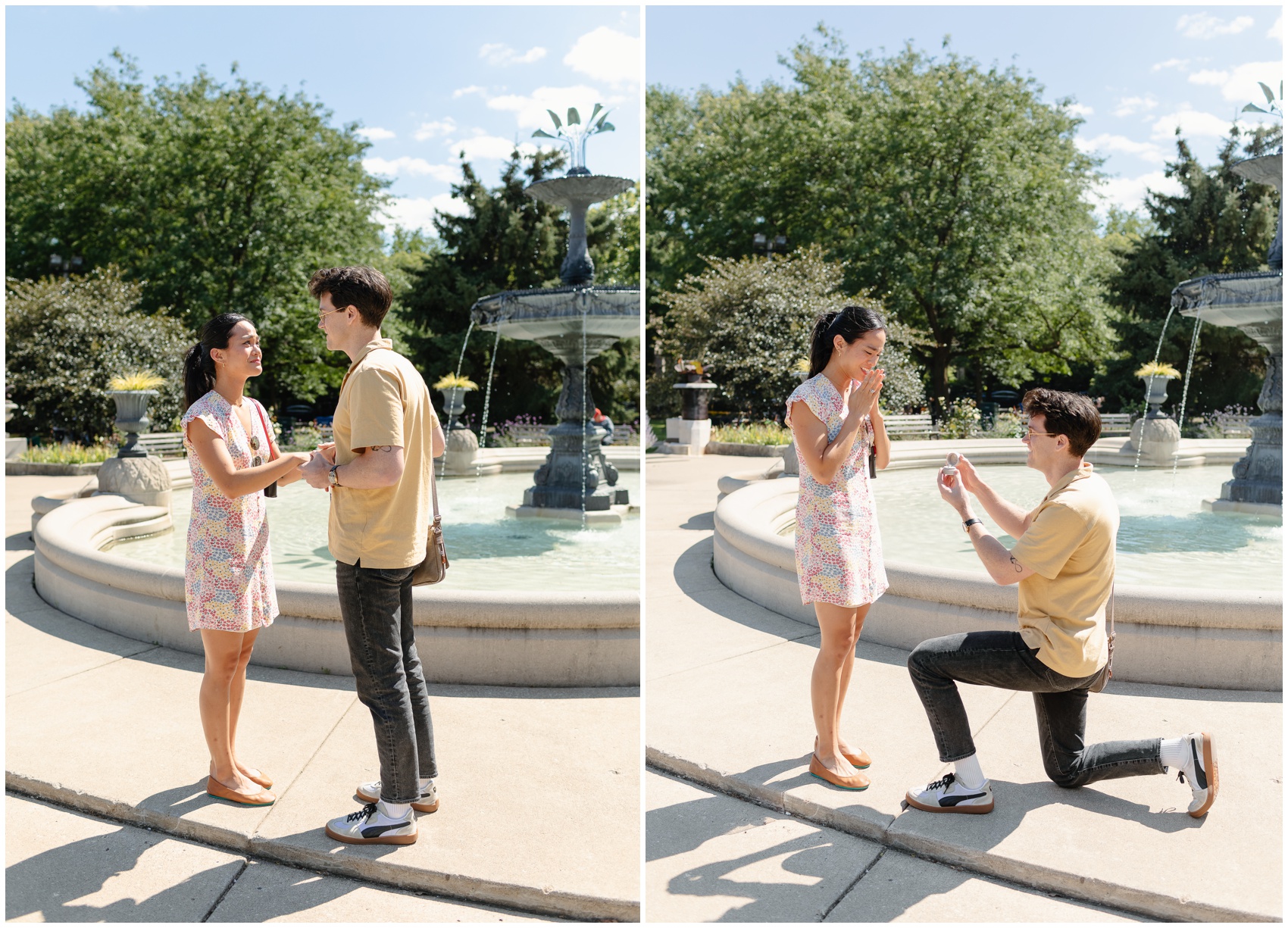 Two images of a happy couple while in a park by a large fountain as the man is on one knee