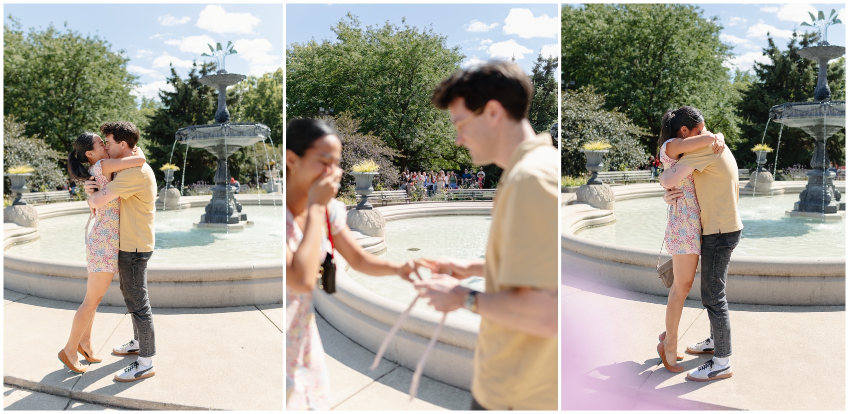 Three images of a joyful couple after she said yes in front of a fountain while Proposing In Chicago