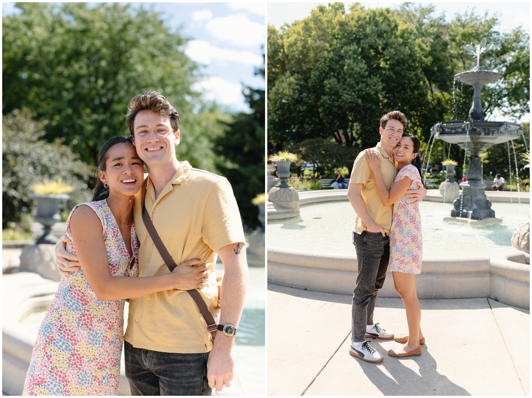 A happy newly engaged couple hugs in 2 photos by a large park fountain after Proposing In Chicago