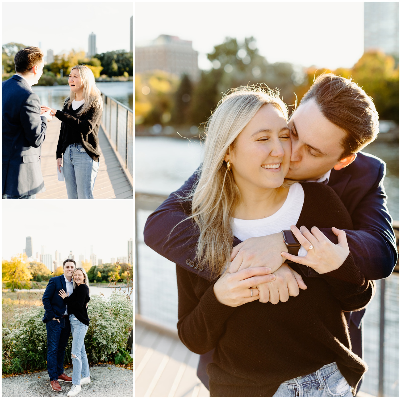 A trio of photos from a couple Proposing In Chicago on a dock in a lakefront park and snuggling while hugging and kissing