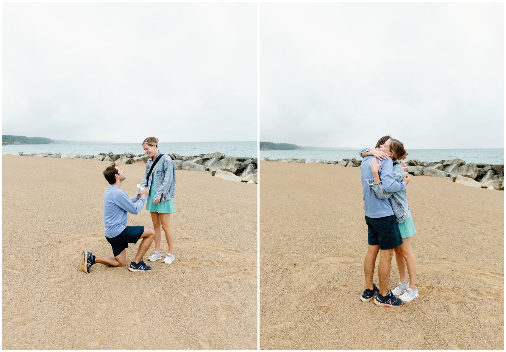 A man on one knee on a beach while Proposing In Chicago to his now fiancee as they hug next to that photo after saying yes