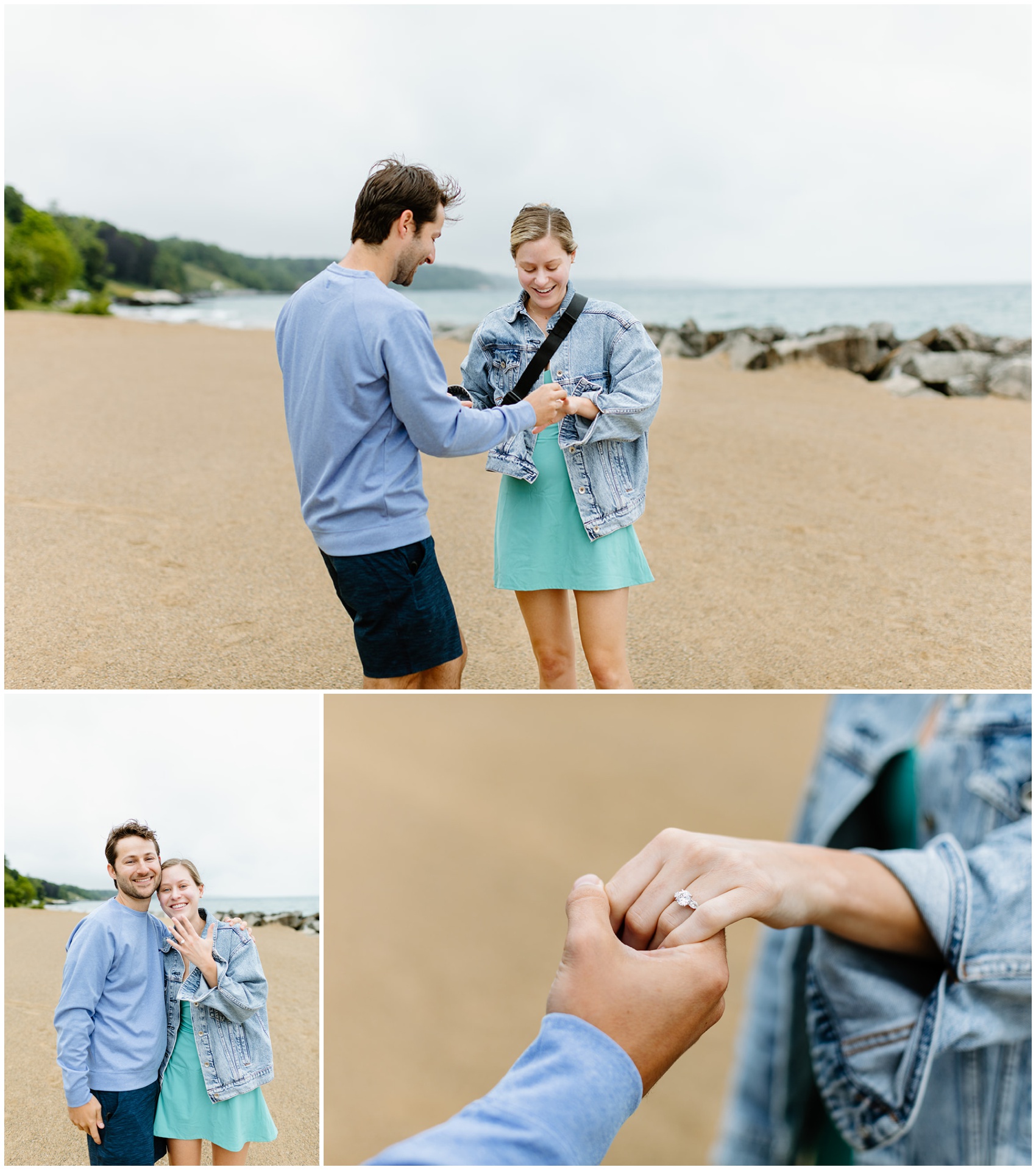 A happy couple becomes engaged while Proposing In Chicago on a beach in a denim jacket, teal dress and blue sweat shirt