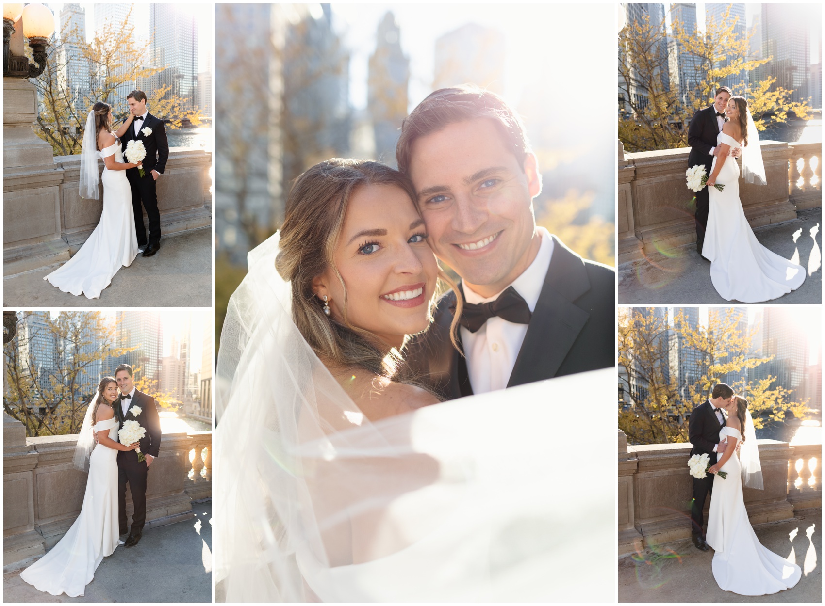 Newlyweds share an intimate moment while smiling on a bridge at sunset after their city hall wedding in chicago