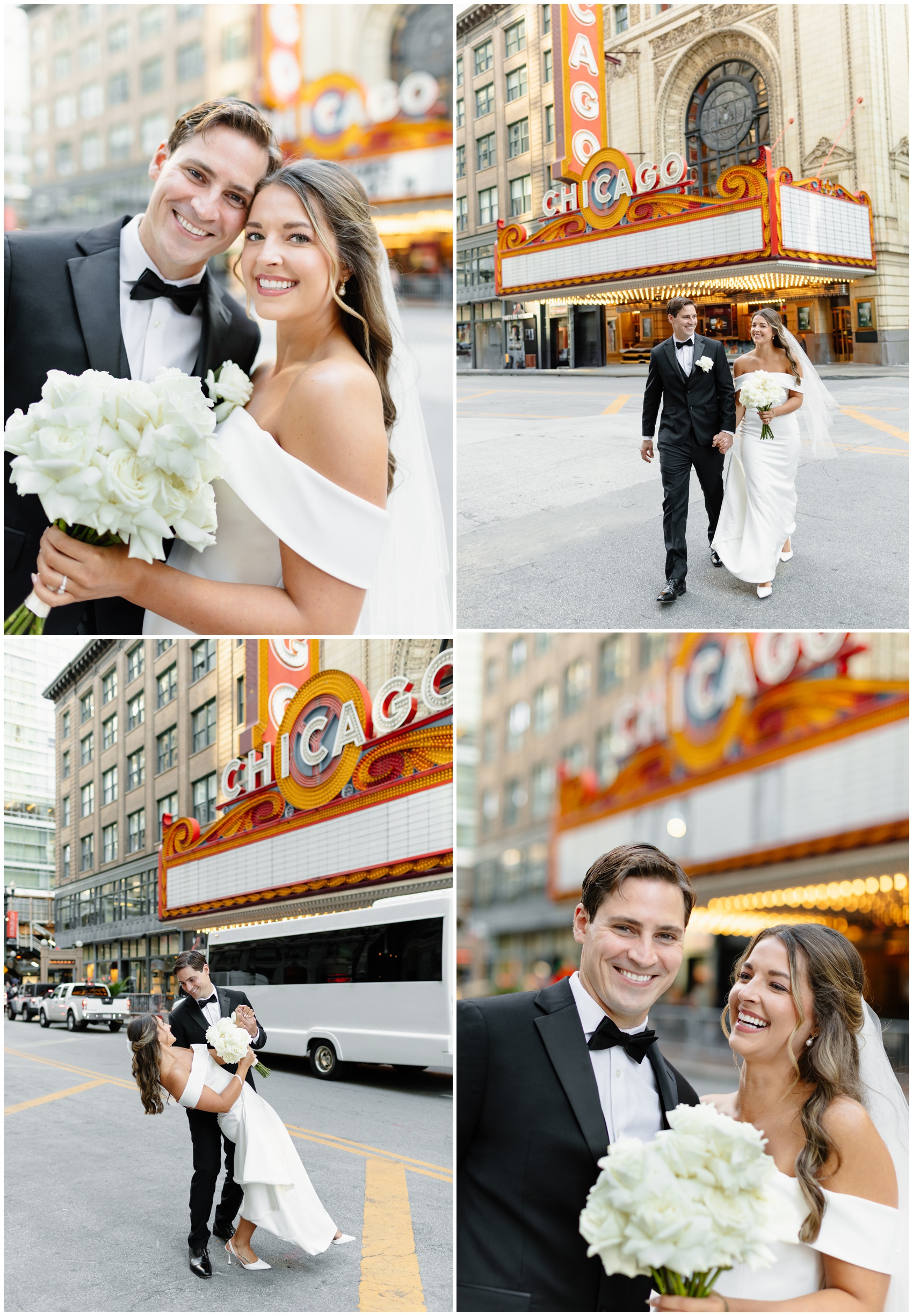 A bride and groom laugh, walk and dip while exploring the outside of the Chicago Theatre