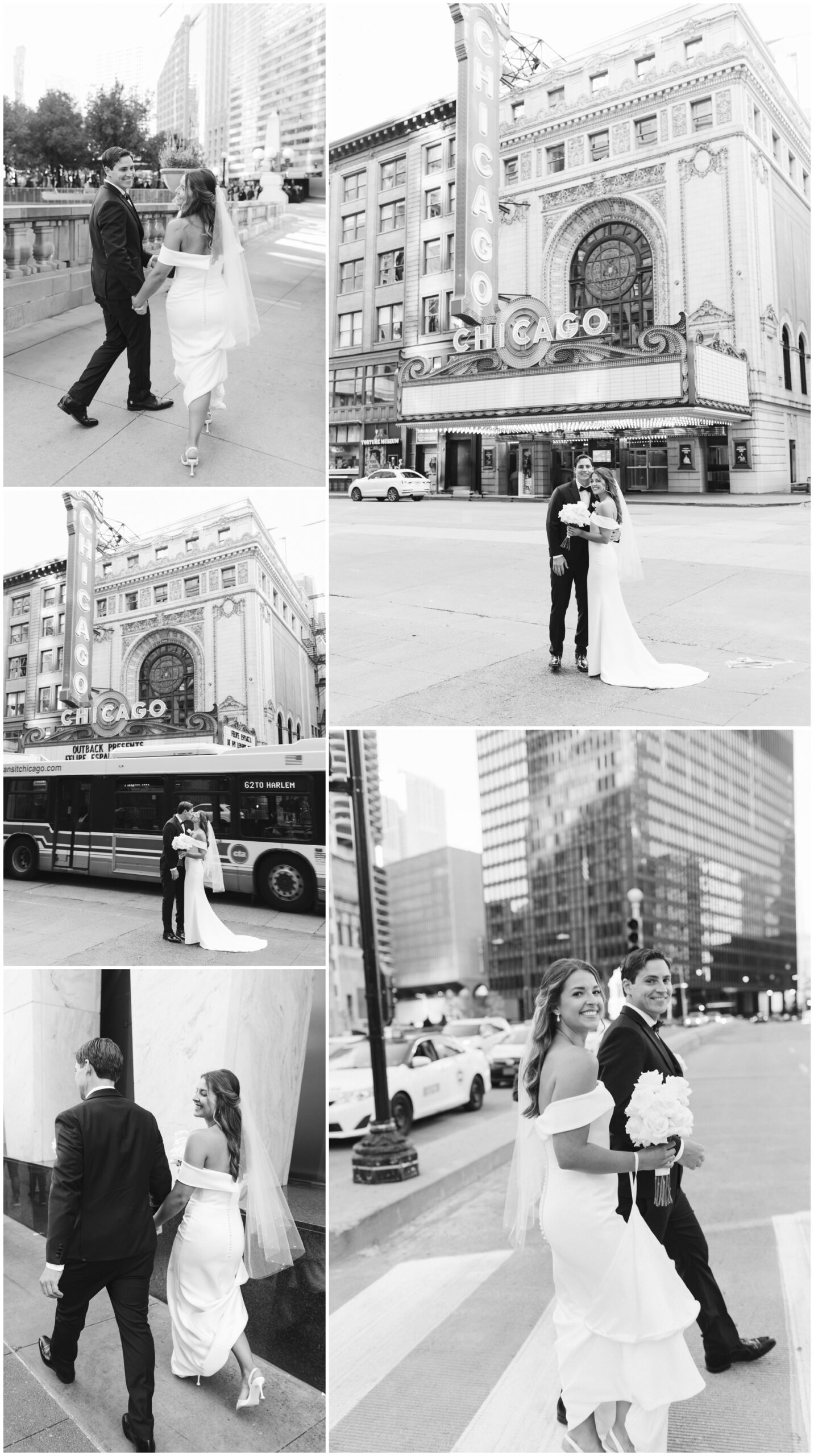 Newlyweds hold hands while walking and kissing by the Chicago Theatre