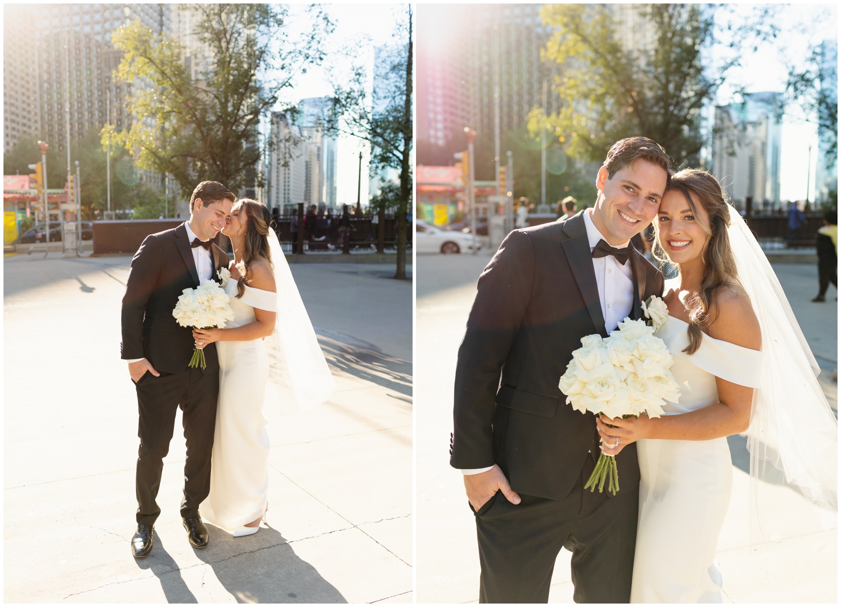 A bride and groom smile big while walking the streets of Chicago after their city hall wedding in chicago