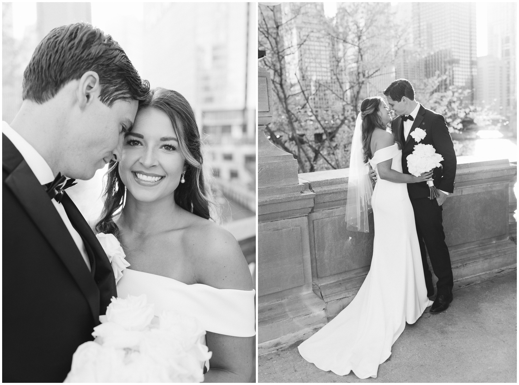 Newlyweds smile and kiss on a bridge while holding the white bouquet overlooking the river