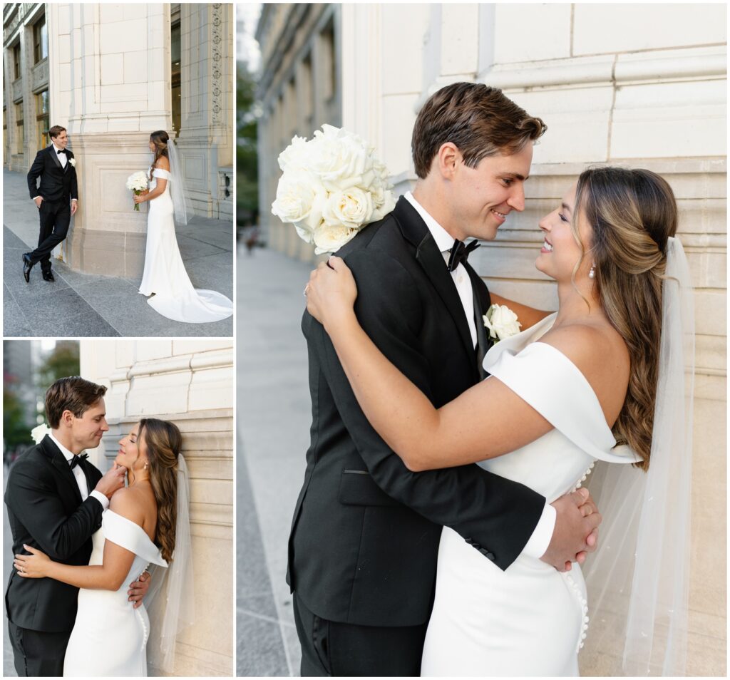 A happy newlywed couple hugs and smiles on the city street after their city hall wedding in chicago