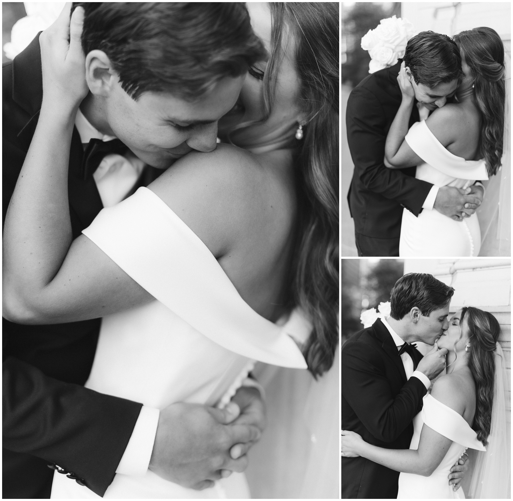 Newlyweds snuggle, laugh and kiss against a stone wall after their city hall wedding in chicago