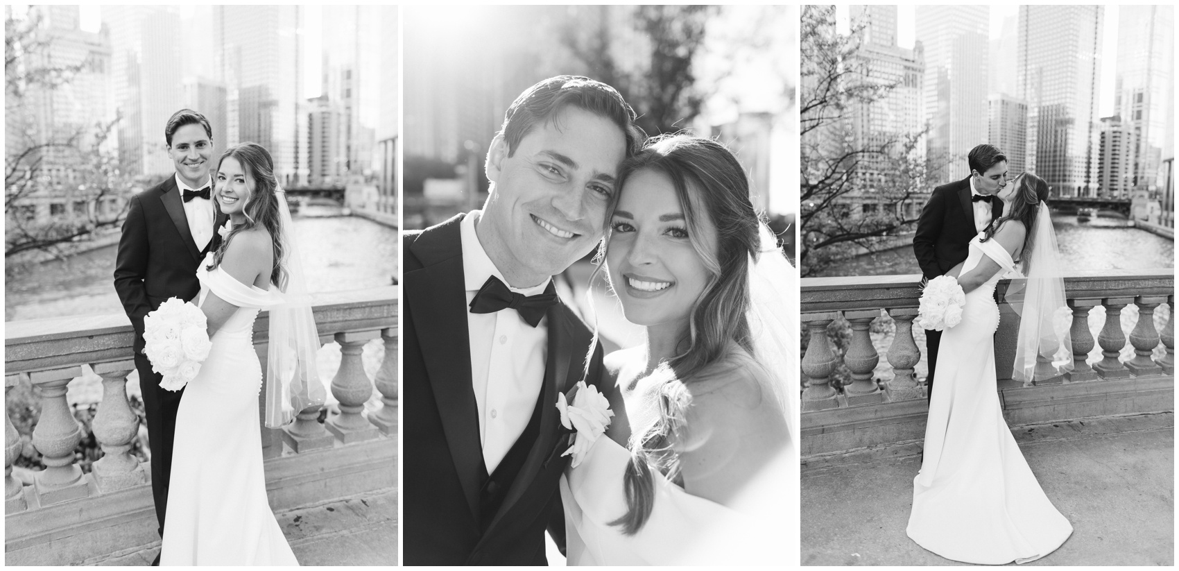 Newlyweds smile and kiss on a bridge over the river in downtown after their city hall wedding in chicago in balck and white