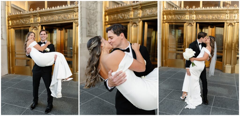 Three photos of newlyweds kissing in front of a grand entrance after their city hall wedding in chicago