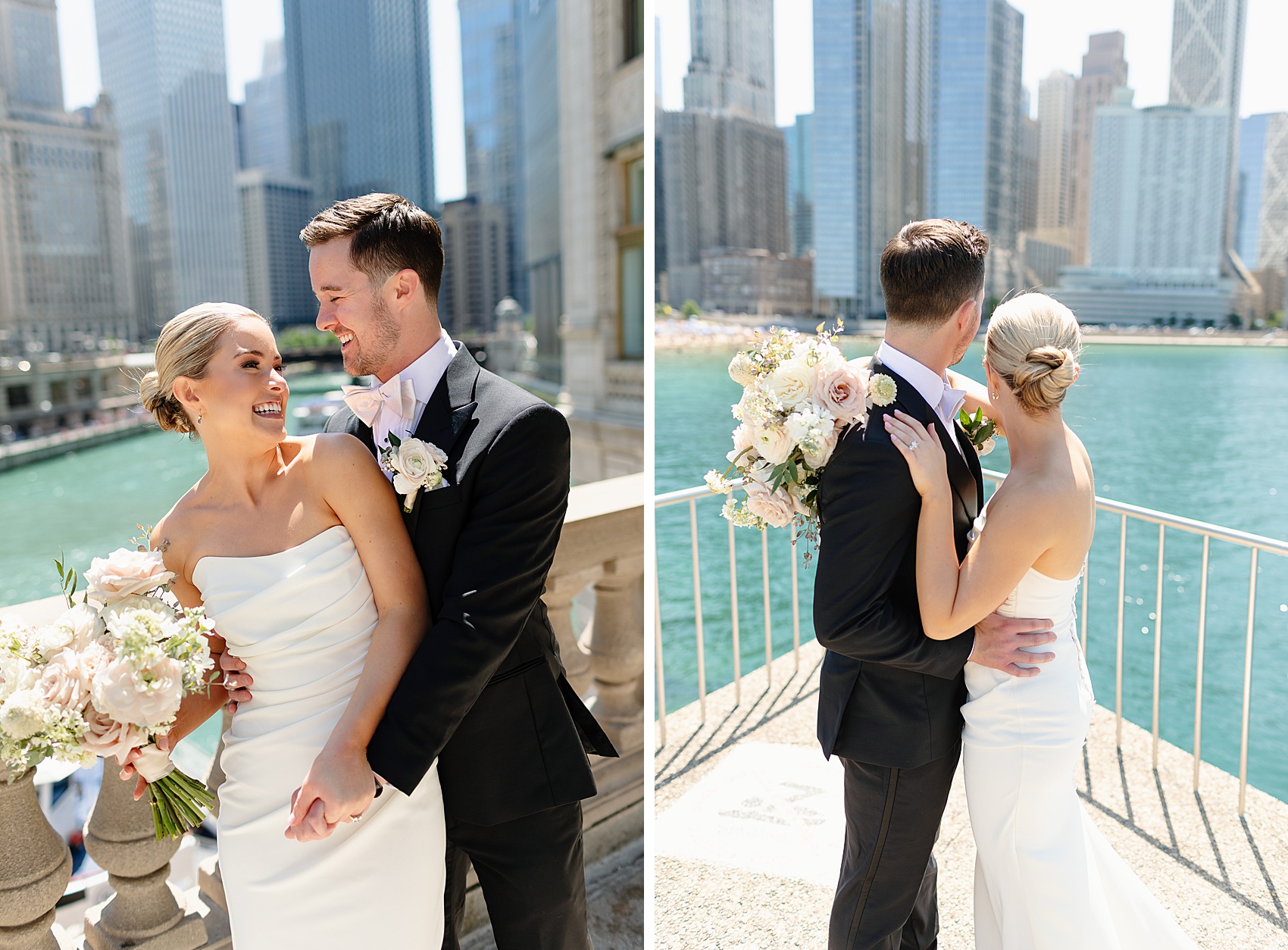 A bride and groom admire the skyline on a balcony overlooking the water at one of the chicago wedding venues with a view