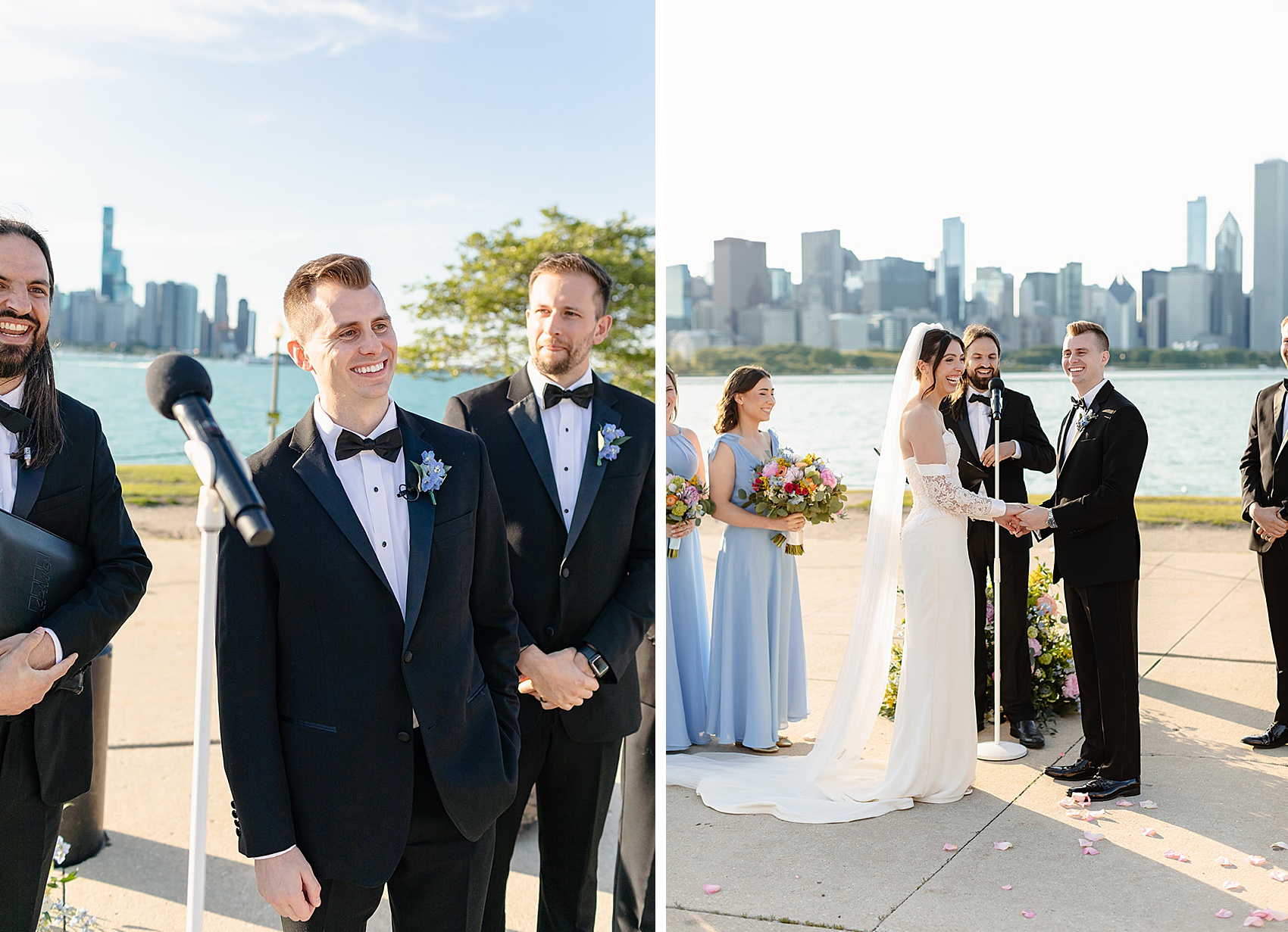 Newlyweds laugh while holding hands during their outdoor ceremony at sunset