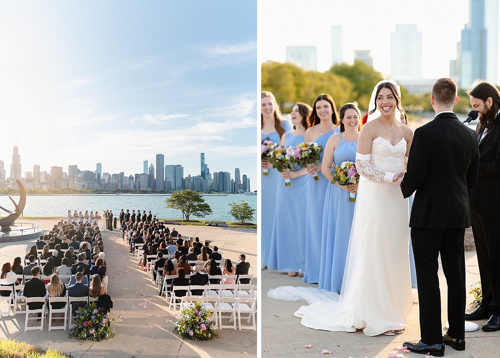 A look at a waterfront ceremony taking place next to the bride smiling big while holding her groom's hands at one of the chicago wedding venues with a view