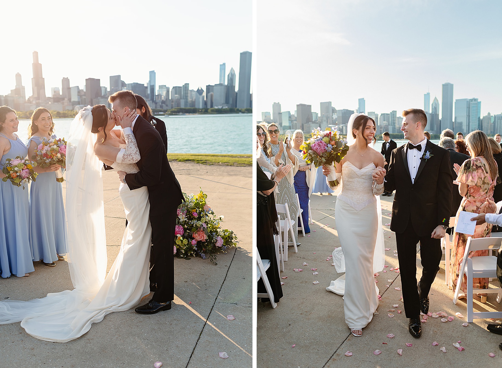 A bride and groom kiss during their waterfront ceremony at sunset at one of the chicago wedding venues with a view