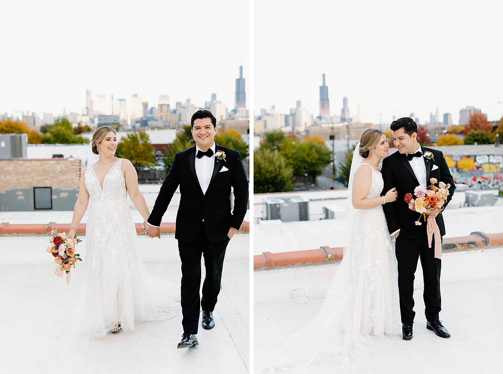 Newlyweds walk smiling holding hands next to them snuggling close with a colorful bouquet at one of the chicago wedding venues with a view