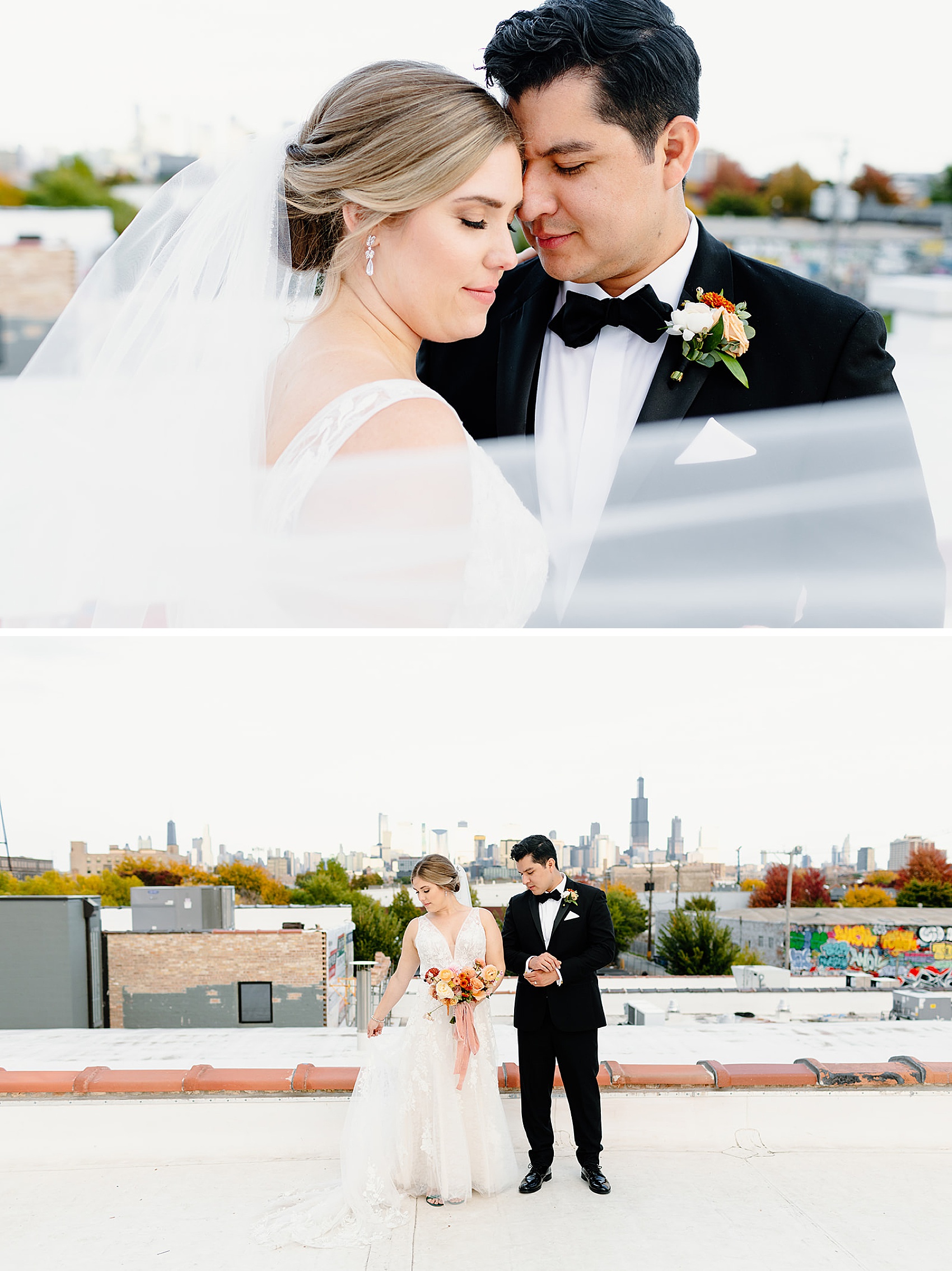Newlyweds snuggle noses and walk together on a rooftop at one of the chicago wedding venues with a view
