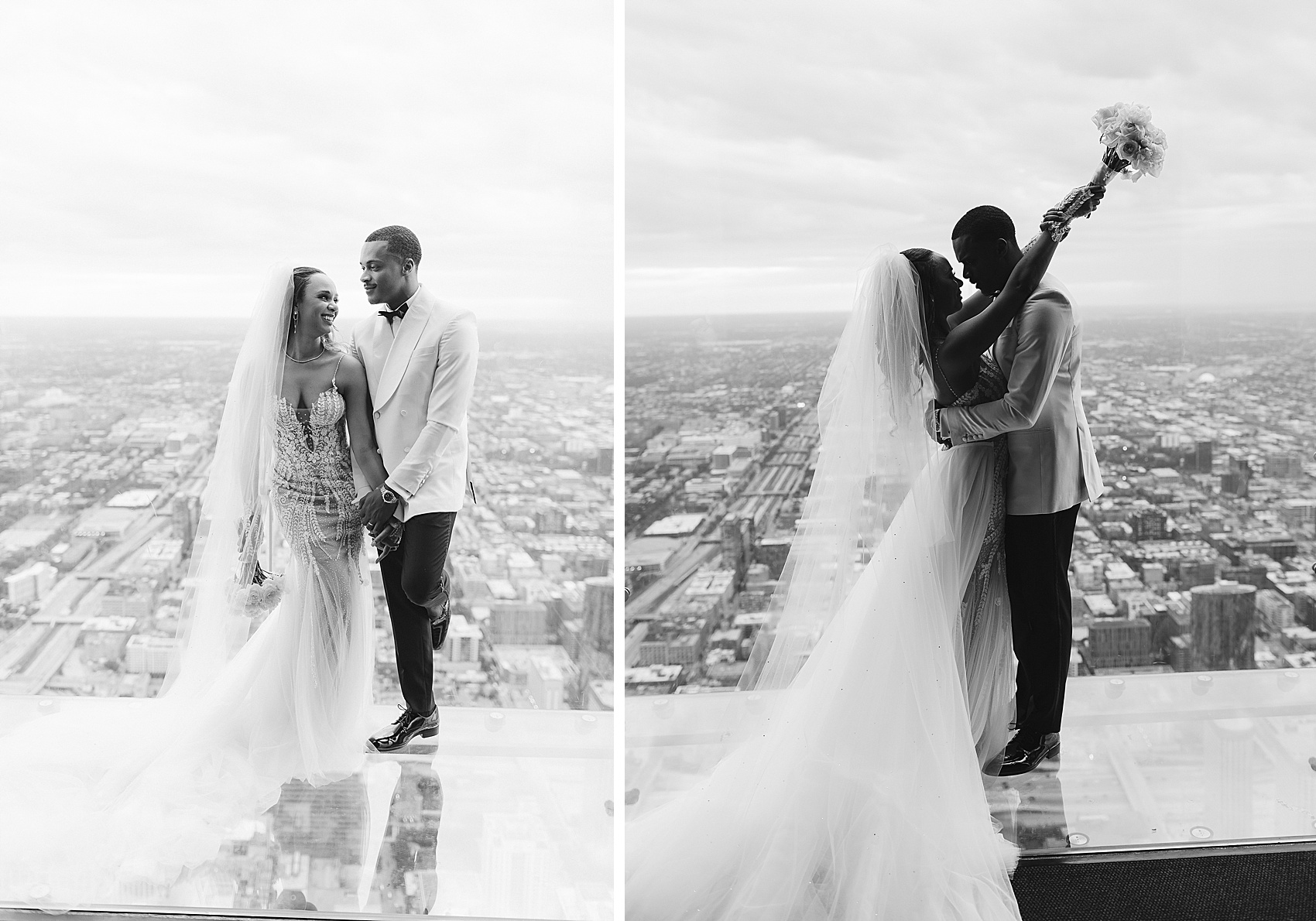 A bride and groom snuggle and smile at each other while standing on a glass floored room overhanging the building at one of the chicago wedding venues with a view