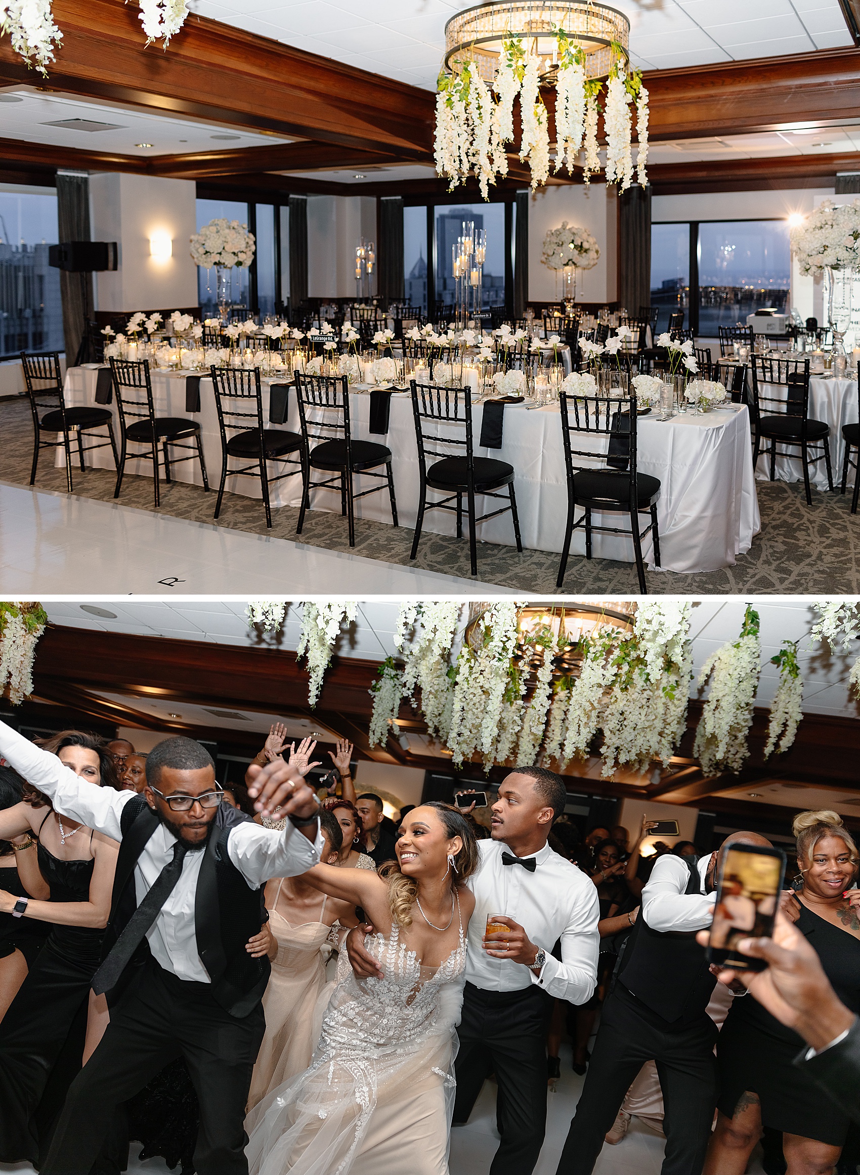 Details of a stunning wedding reception empty with white florals everywhere above the newlyweds dancing with guests