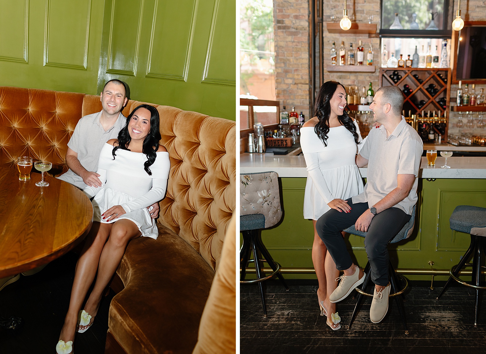 A smiling couple sit snuggling in a curved booth next to them at the bar smiling at each other