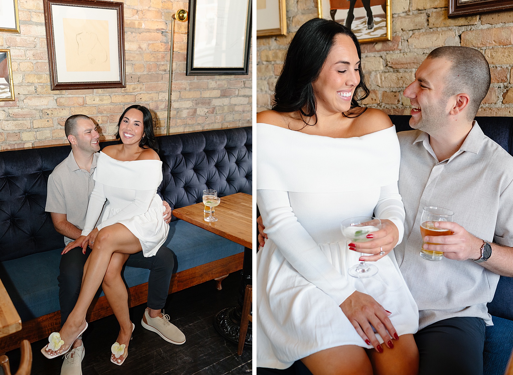 A happy engaged couple laugh while the woman in white sits in his lap for their engagement photo ideas in chicago
