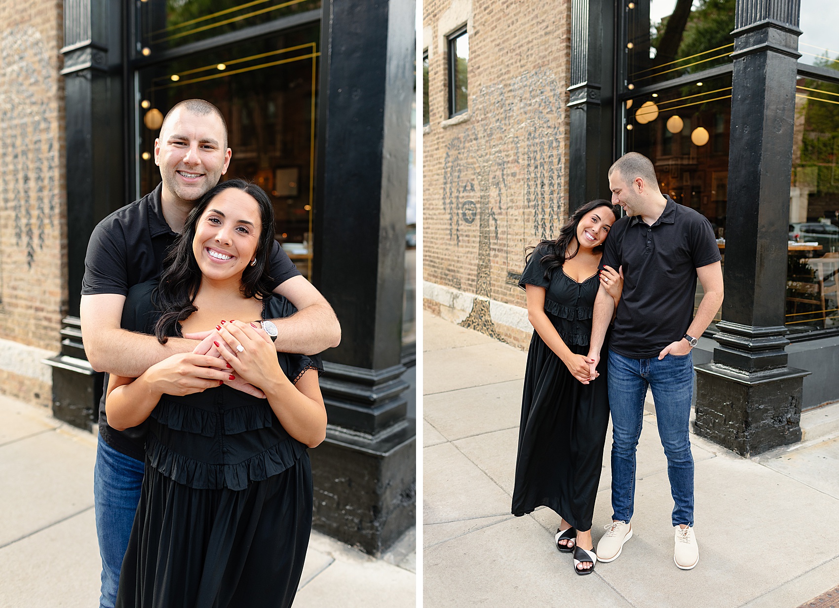 A happy engaged couple hug and smile big while walking the streets holding each other in black outfits